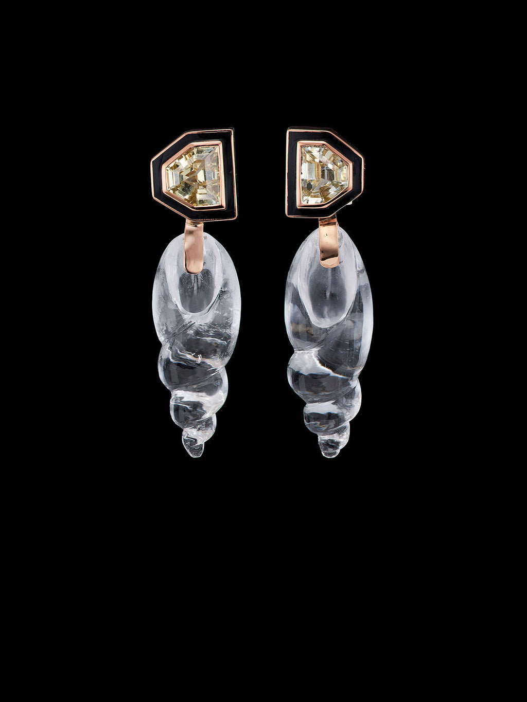 Carved Tuxedo Shell Crystal Quartz Earrings with Sapphires