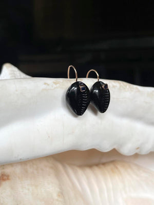 Tiny Onyx Cowry Earrings with Sapphires