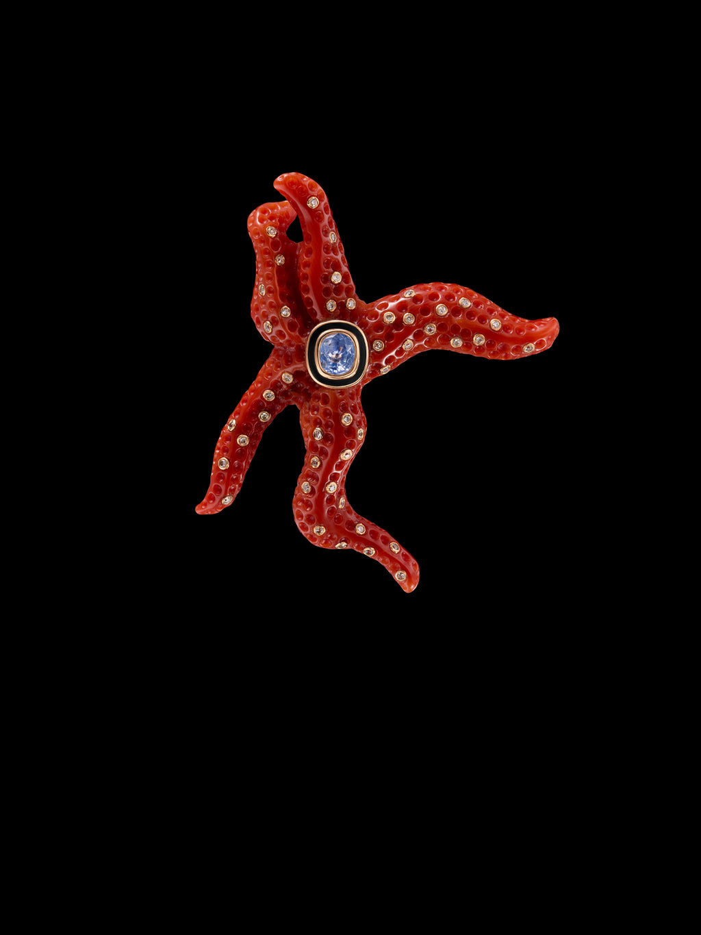 Coral Mediterranean Starfish Brooch with Sapphire and Diamonds