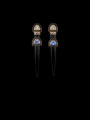 Classic Onyx Tusk Duo Deco Blue Sapphire Earrings