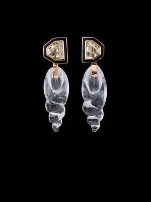 Carved Tuxedo Shell Crystal Quartz Earrings with Diamonds