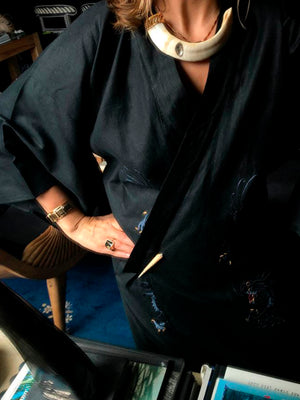 Black Dragon Linen Kimono with Blue Embroidery