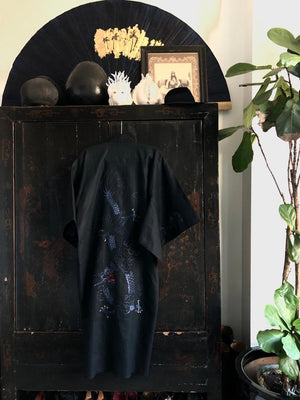 Black Dragon Linen Kimono with Blue Embroidery